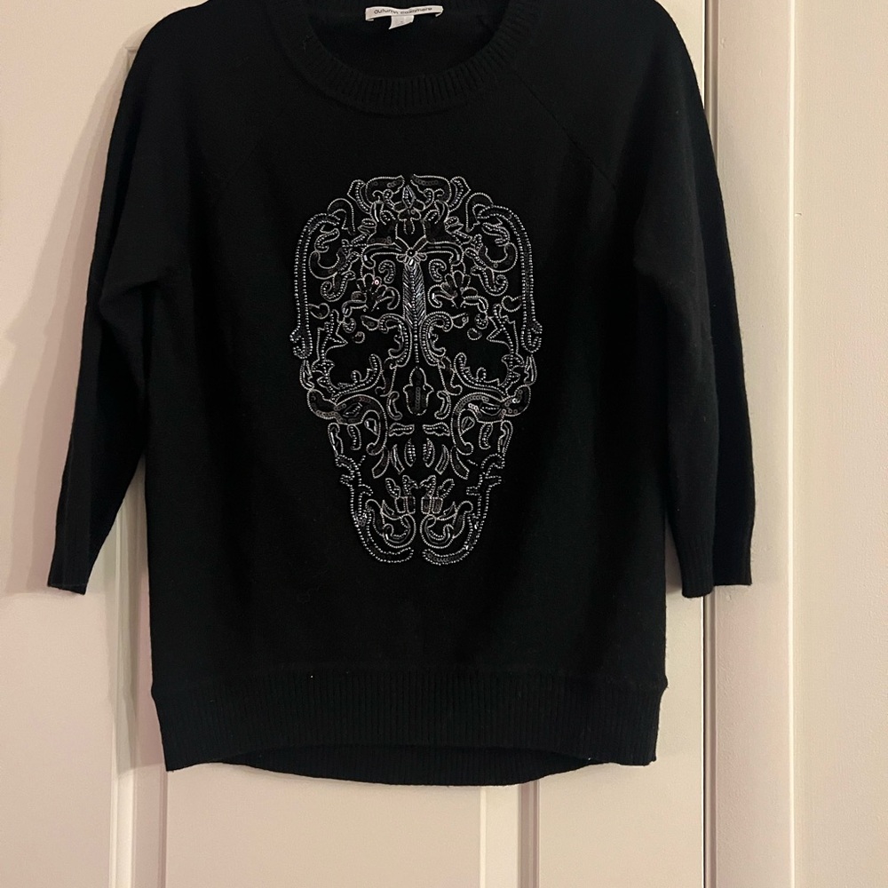 Autumn Cashmere Black Crew Neck Sweater with Skull Design